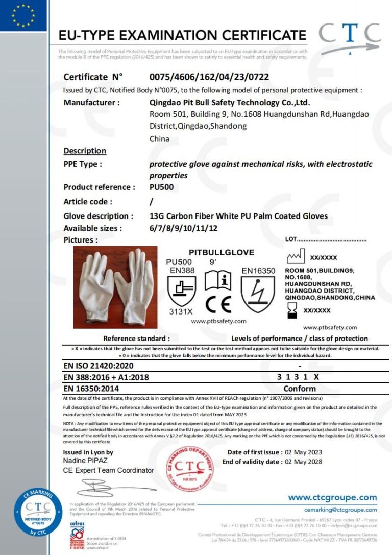 Bull Safety CE Work Gloves Certificate- PU Palm Coated Work Gloves