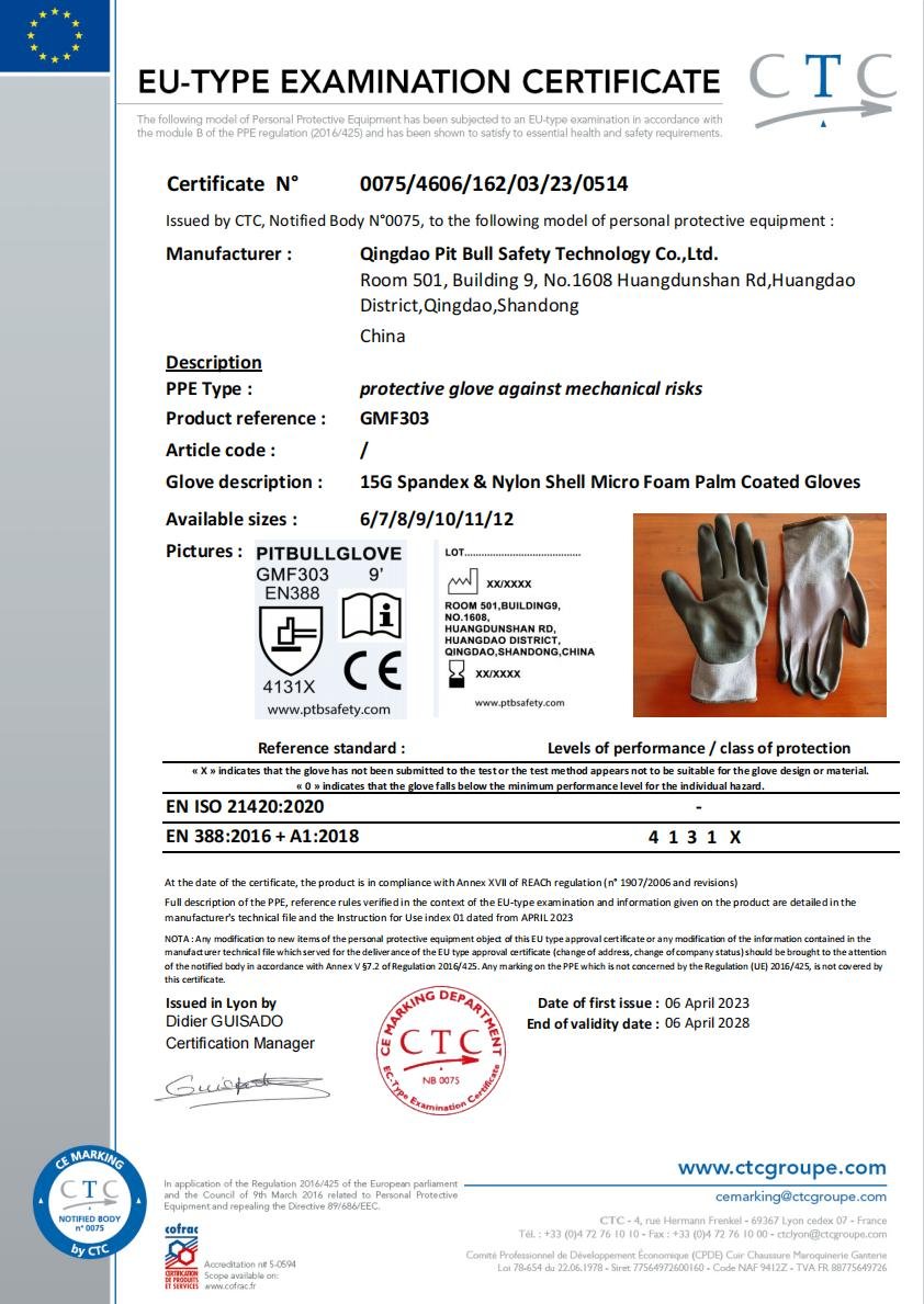 Bull Safety CE Work Gloves Certificate- Microfoam Coated Work Gloves