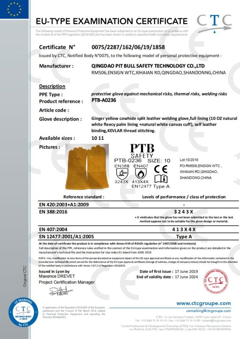 Bull Safety CE Work Gloves Certificate- Welding Gloves