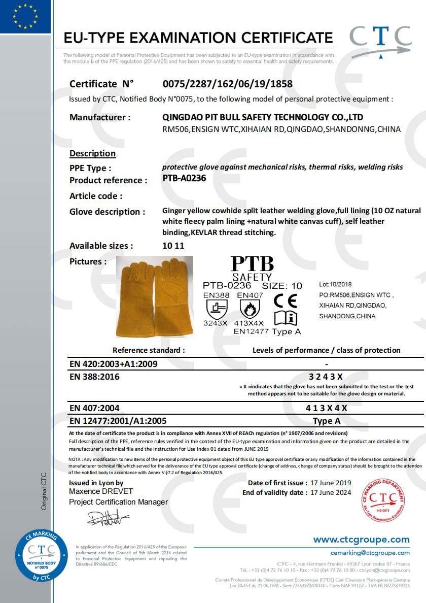 Bull Safety CE Work Gloves Certificate- Welding Gloves