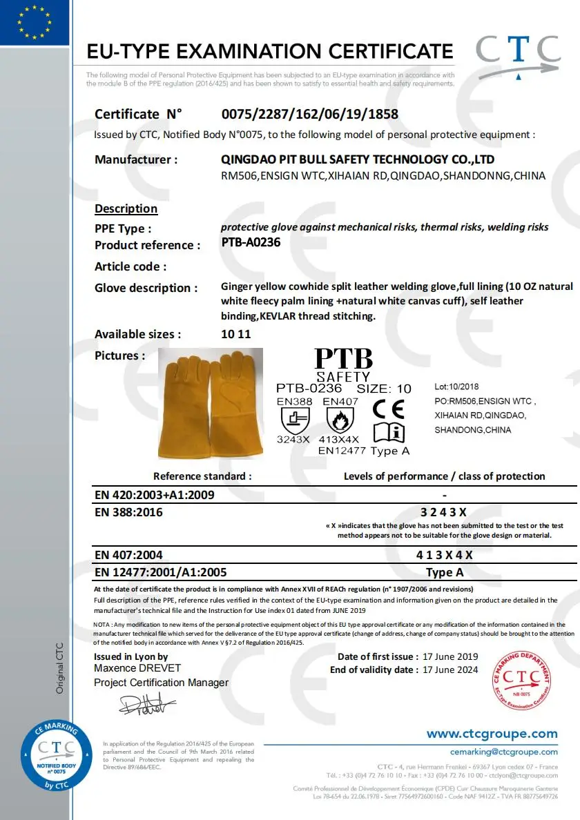 Bull Safety CE Work Gloves Certificate- Welding Gloves