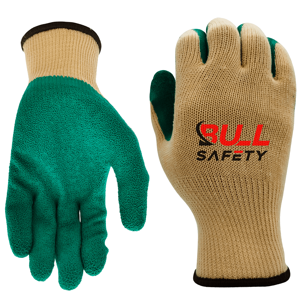 Bullsafety 10 gauge 5 yarn latex crinkle palm coated gloves for superior grip and durability in heavy-duty tasks.