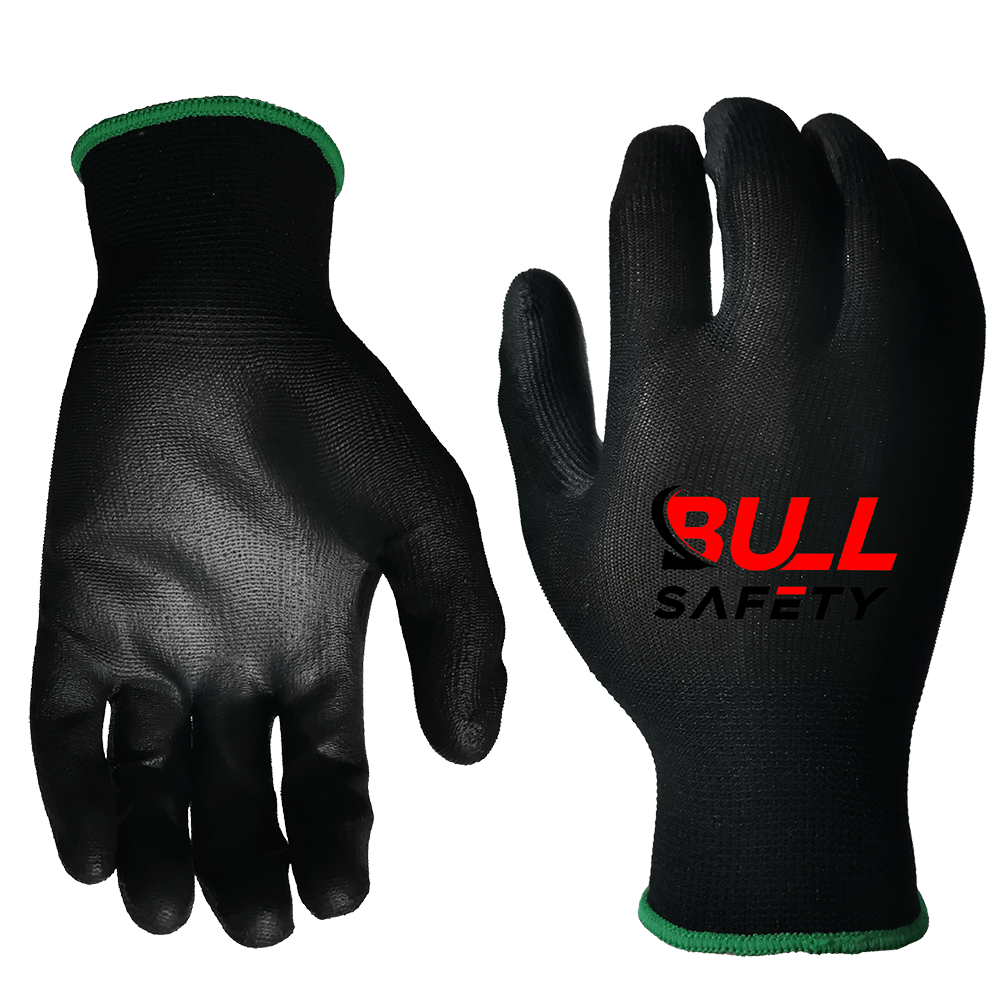 Bullsafety 13 gauge black polyester gloves with black PU palm coating for excellent grip and durability.