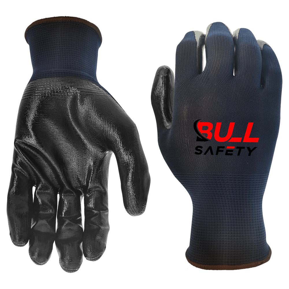 Bull Safety 13 gauge blue polyester liner black smooth nitrile palm coated gloves