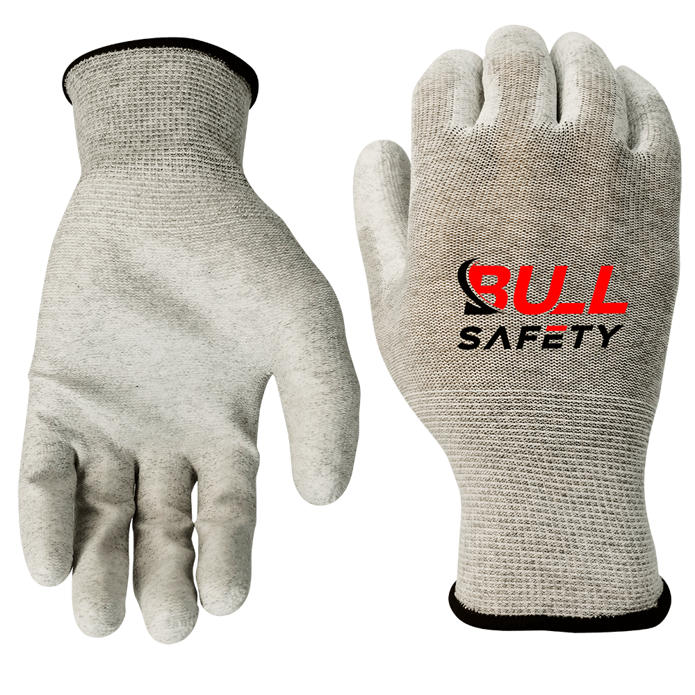 Bullsafety 13 gauge carbon fiber gloves with PU palm coating for enhanced protection and grip.