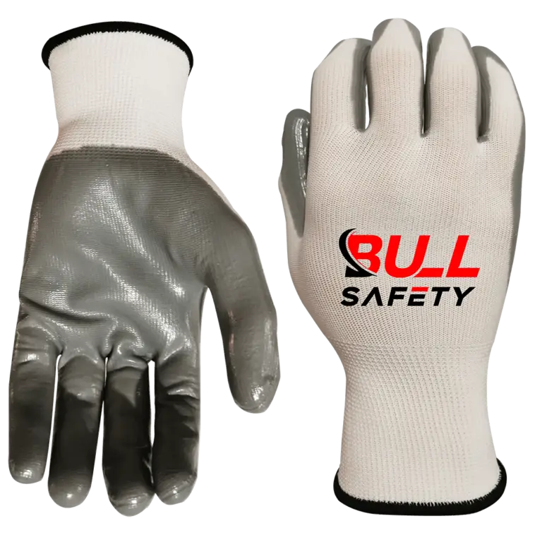 Bullsafety 13 gauge polyester gloves with smooth nitrile palm coating for superior grip and protection.