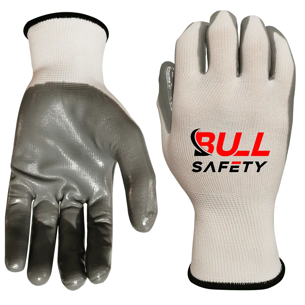 Bullsafety 13 gauge polyester gloves with smooth nitrile palm coating for superior grip and protection.