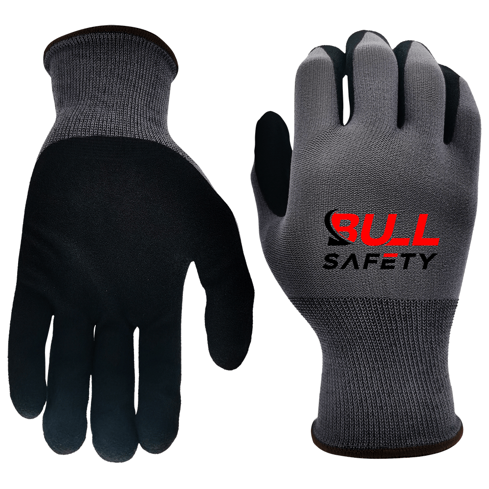 Bullsafety 15g spandex and nylon liner gloves with sandy nitrile palm coating for enhanced grip and durability.