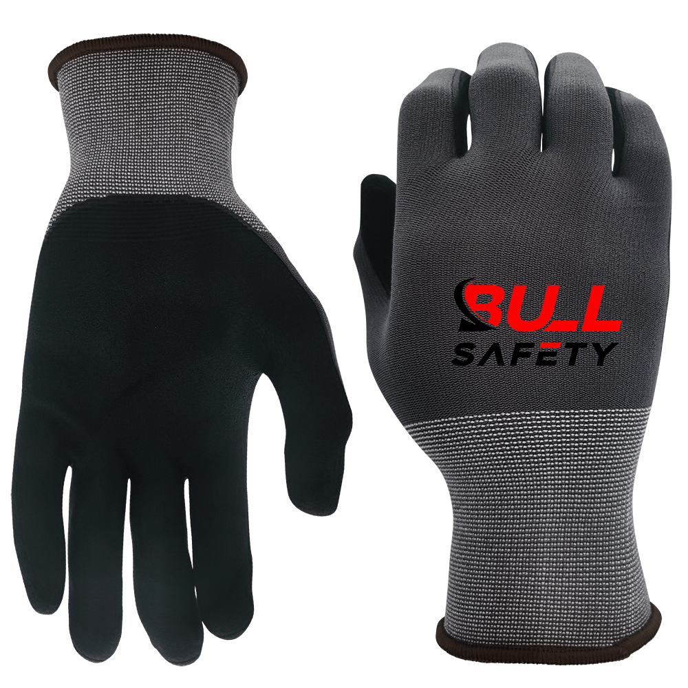 Bullsafety 15 gauge spandex and nylon gloves with microfoam coating for excellent flexibility and grip.