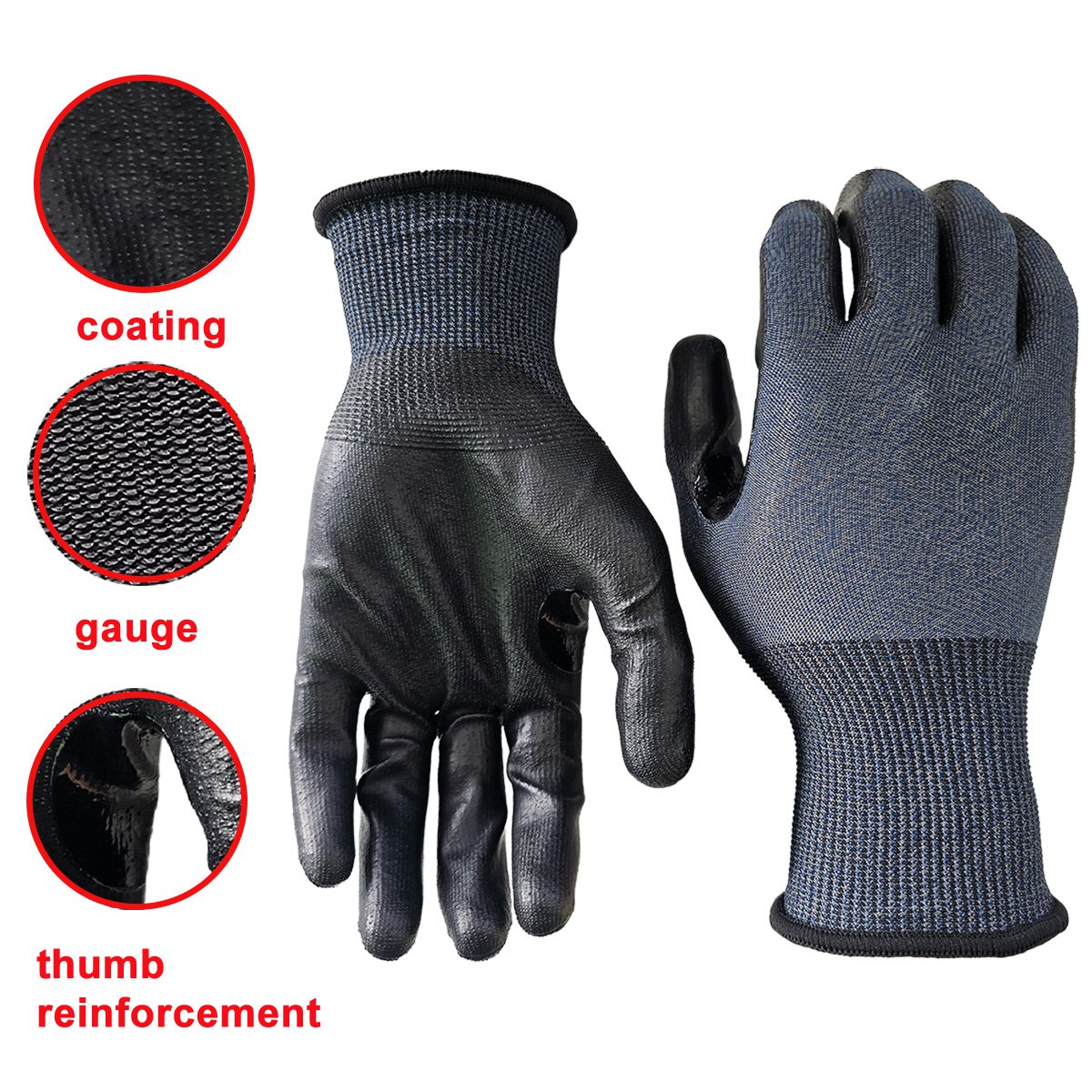 Bullsafety black PU palm coated cut-resistant gloves with graphene liner, 18 gauge, A4 level, 4X42D rating.