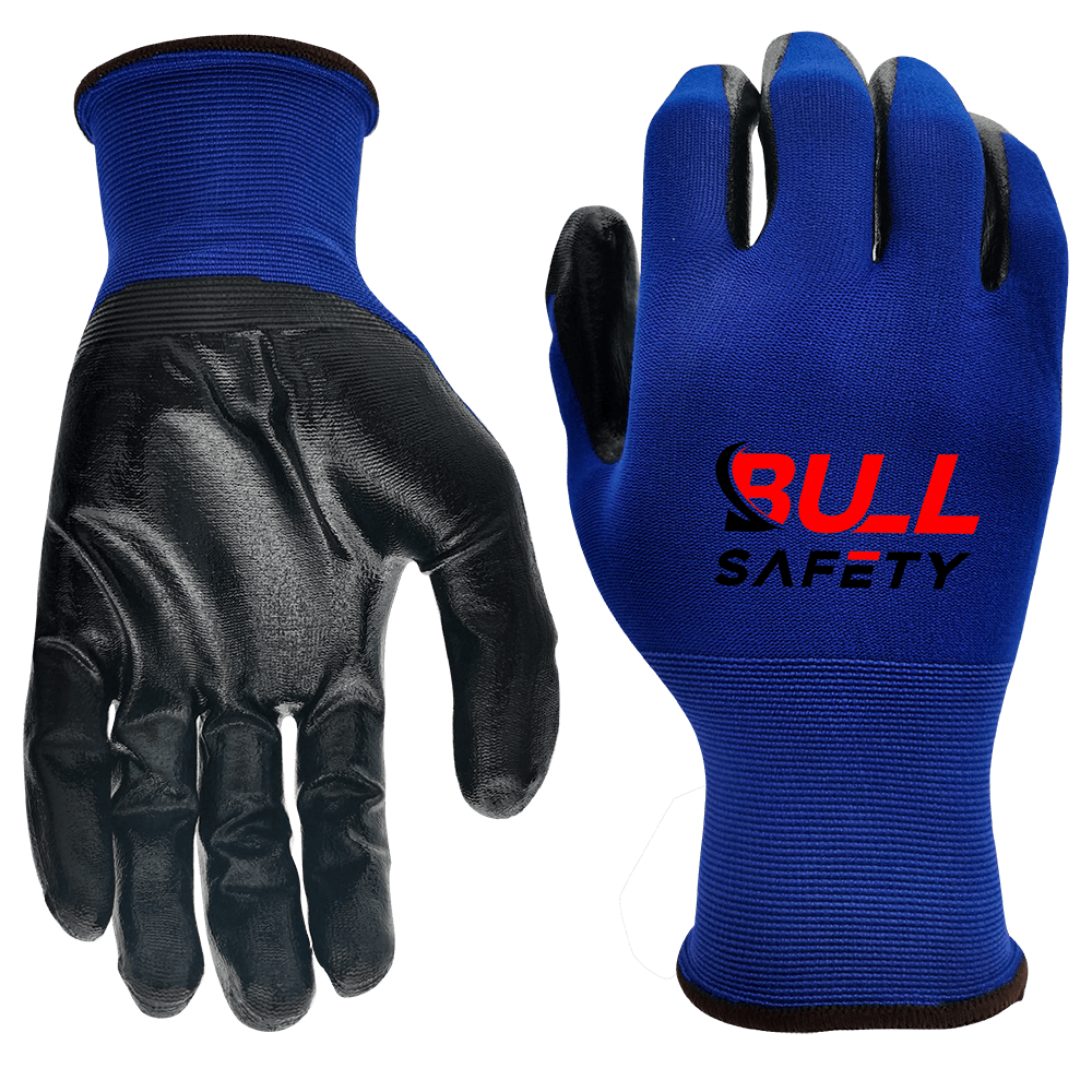 Bullsafety 18 gauge blue nylon liner gloves with black smooth nitrile palm coating for optimal grip and comfort.