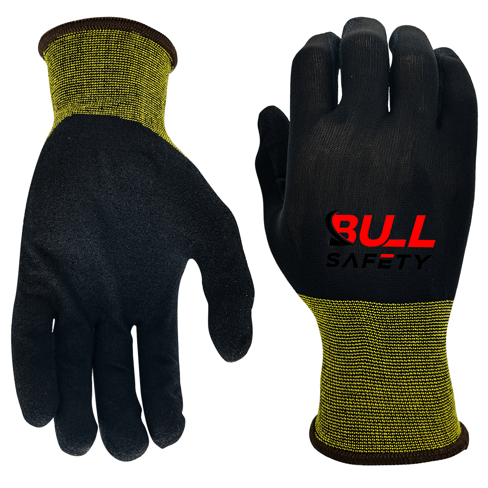 Bullsafety 18 gauge black nylon gloves with black sandy nitrile palm coating for improved grip and abrasion resistance.