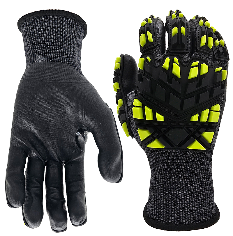 Bullsafety 21 gauge A4 graphene gloves, black nitrile palm coated, cut-resistant, thumb reinforcement, TPR impact protection.