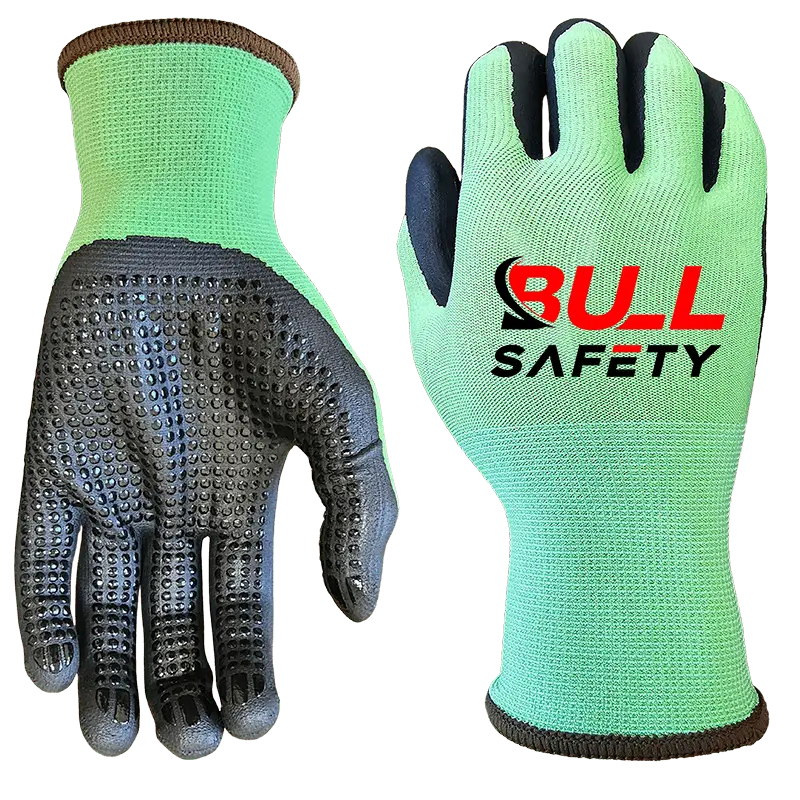 bullsafety 15 gauge green recycled polyester&spandex microfoam palm &dotted coated gloves-min