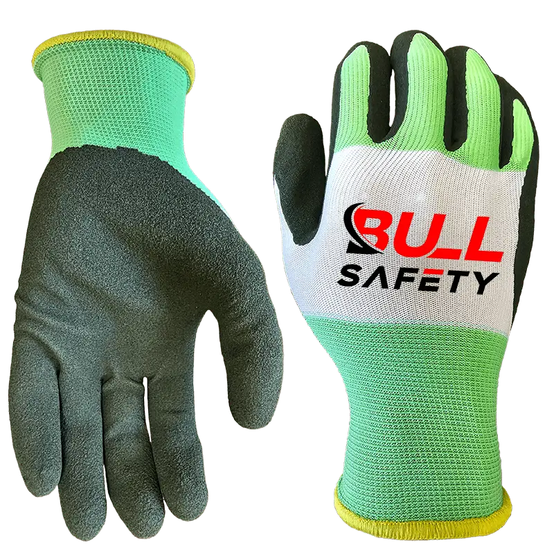 bullsafety 15 gauge white & green recycled polyester&spandex sandy latex palm coated gloves-min