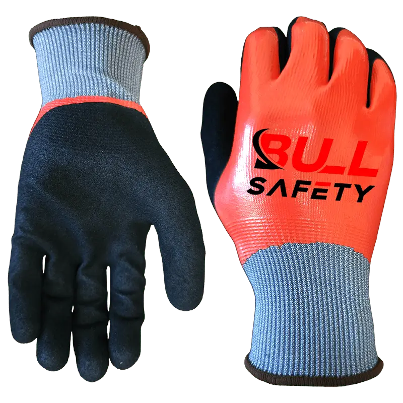 bullsafety 18 gaugeHPPE &metal fiber& recycled polyester liner, red smooth nitrile fullt coated, black sandy nitrile palm coated gloves, thumb reinforcement-min