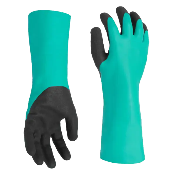 Bullsafety chemical-resistant gloves, EN388:4121A, heat contact level 1, EN407 certified.