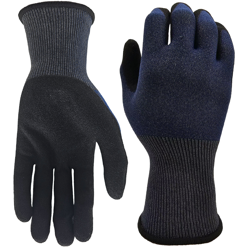 Bullsafety 18 gauge graphene liner gloves, A4 cut resistant, black sandy nitrile palm coated.