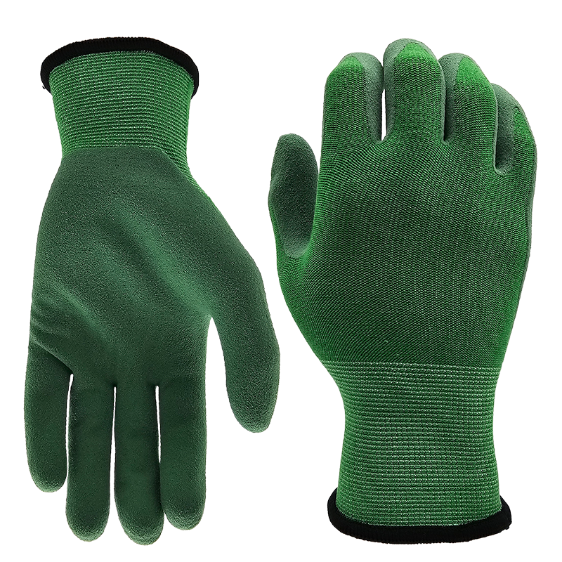 Bullsafety bamboo gloves, 15 gauge, green latex sandy palm, super flexible.