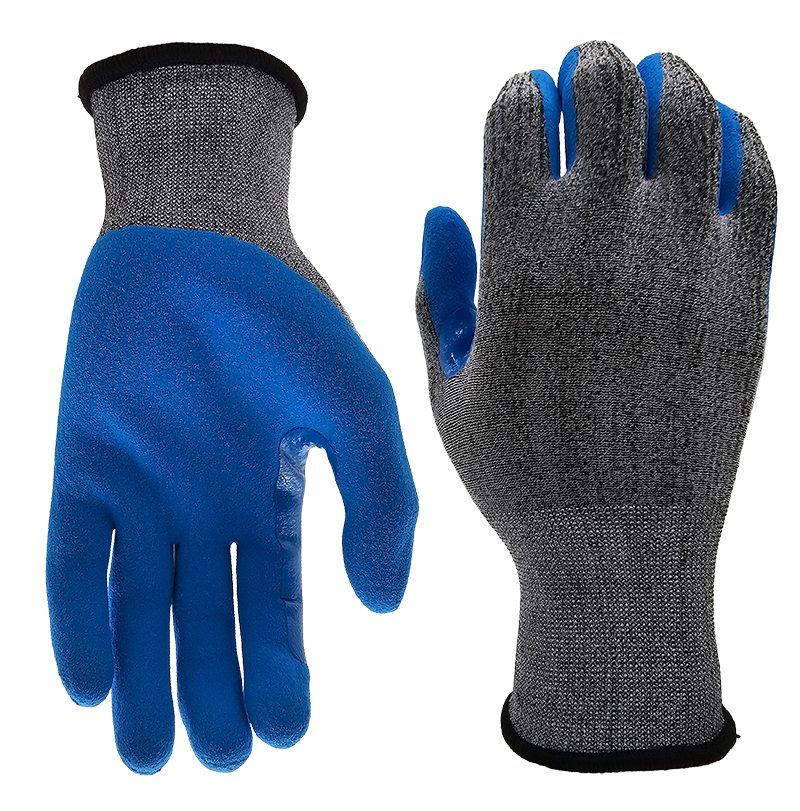 Bullsafety 15 gauge recycled polyester-spandex gloves, blue latex sandy nitrile palm coated.