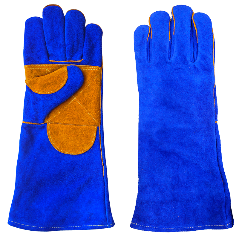 Bullsafety 16' blue cow split leather welding gloves, yellow reinforced palm, thumb, cuff, Kevlar-stitched, fleece lining.