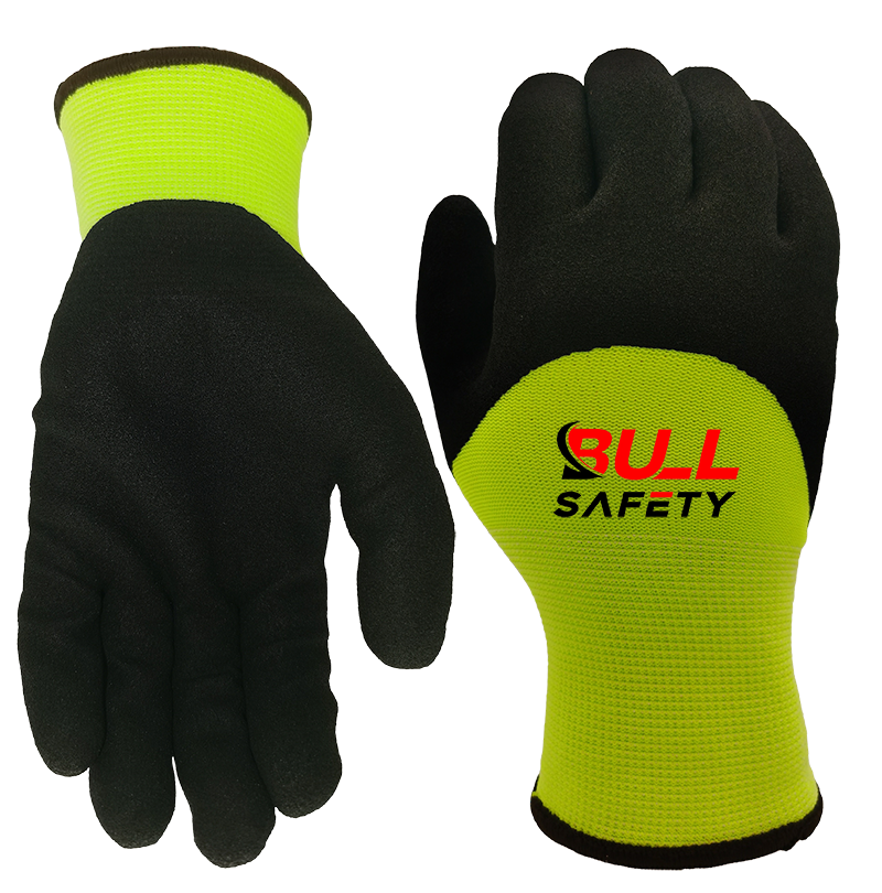 Bullsafety 15 gauge polyester outer, 7 gauge thermal inner liner, 3/4 sandy nitrile coated winter gloves.